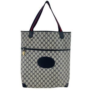 Gucci Vintage 80s Navy Canvas & Leather Tote Shoulder Bag Purse Pre-Owned